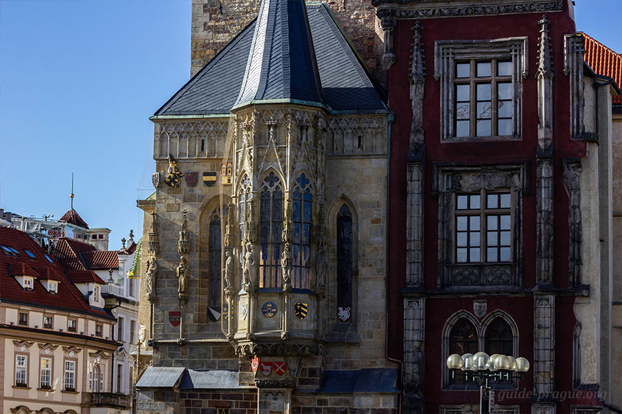The photo of the bay window on the clock tower, Old Town Hall, Prague