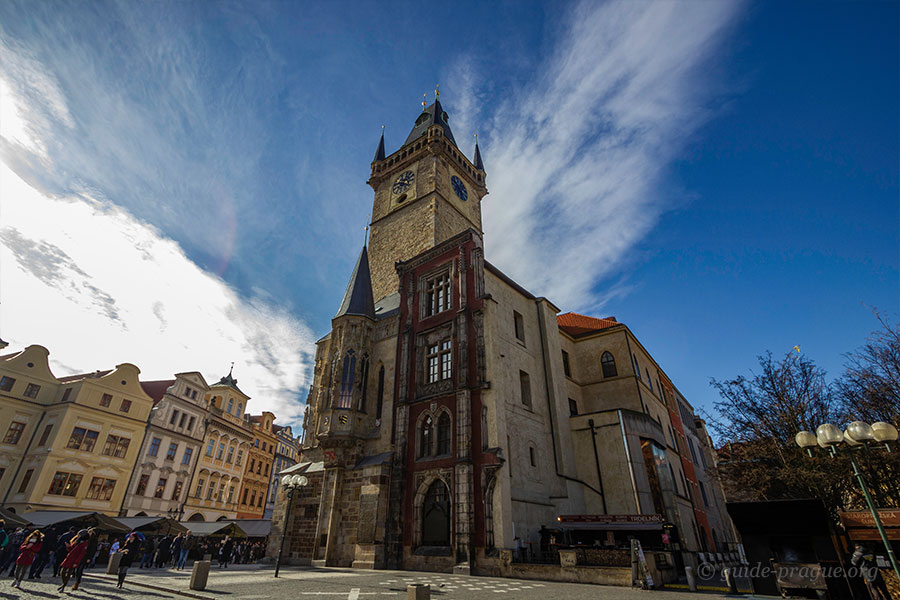 Photo of the clock tower and southern wing of Old Town Hall in Prague