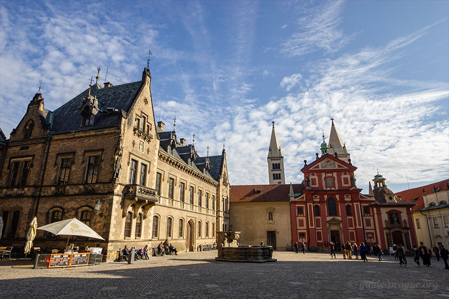 The Baroque west facade of St. George's Basilica and the Chapel of St. John of Nepomuk at Prague Castle