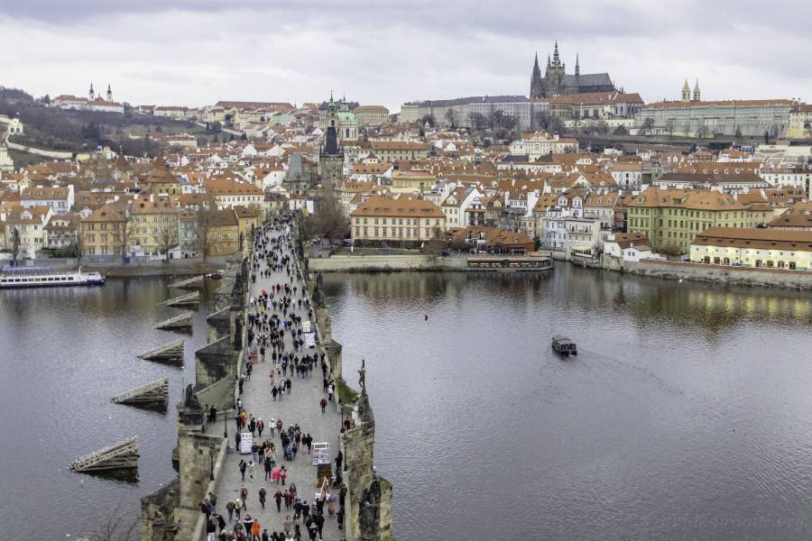 A stunning aerial view from the Old Town Bridge Tower in Prague, looking down on the bustling Charles Bridge, the Vltava River, and the historic red rooftops leading to Prague Castle in the background.